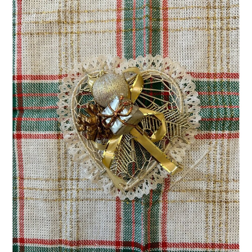 Straw Heart Lace Christmas Vintage Ornament Gold Pinecones Package Topper